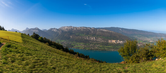 Panorama of the Alps from the Col de la Forclaz de Montmin, where paragliders launch, Haute Savoie, France - 693818986