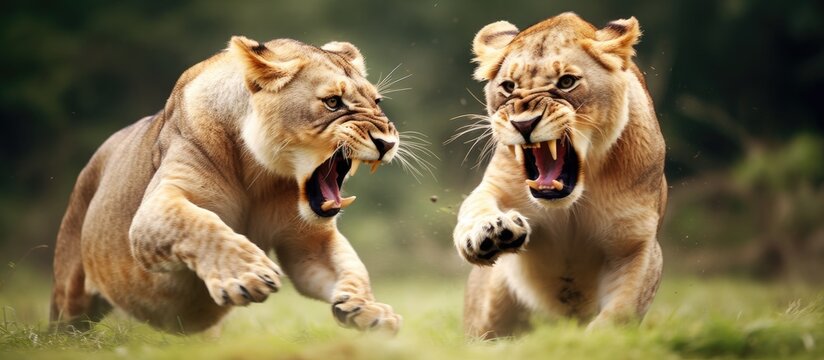 Two lionesses engaged in playful combat.