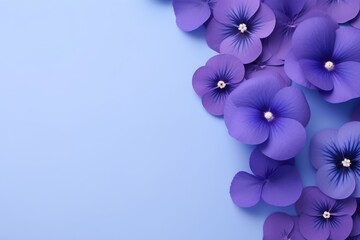 Fototapeta na wymiar Frame made of beautiful violet and purple pansy flowers on light gray background with copy space. Floral spring backdrop. Border for design greeting card or banner for wedding, mother or woman day