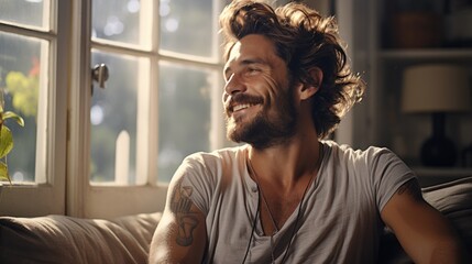 Joyful man with tattoos sitting by the window, sun streaming in, a moment of happiness and contentment captured in a cozy, sunlit room. - obrazy, fototapety, plakaty