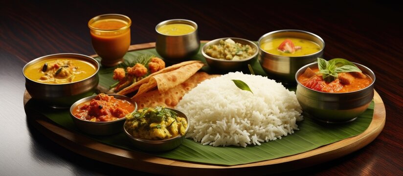 Vegetarian food from Kerala and Tamil Nadu, served during festivals like Onam, Vishu, Pongal, and Diwali, includes rice, sambar, rasam, dal curry, ghee, pappadom, payasam, on banana leaf.