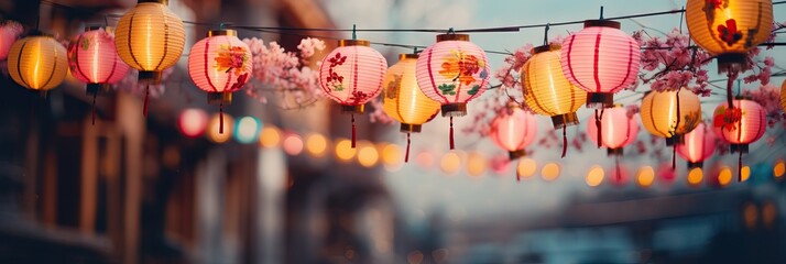 Colorful hanging lantern traditional Asian decor on blurred street. Chinese lantern festival. New Year abstract greeting background with copy space. Design for poster, card, banner - obrazy, fototapety, plakaty