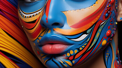 An artistic portrayal of a woman's face adorned with vibrant, abstract makeup, creating a striking visual composition that celebrates individuality.
