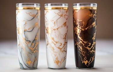 Fototapeta premium Mock up Realistic Metallic Tumbler Packaging with Marble stone pattern on White Background. Food and Drink Concept Product Concept