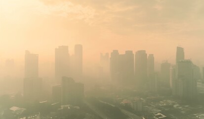 Fototapeta na wymiar dust pollution cover skyscrapers in big city at sunrise, making air polluted and pm2.5. warm tone. Cityscape of buildings with bad weather.PM 2.5 thick misty concept background for copy space.