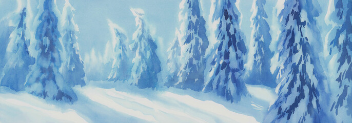 Fir tree forest in snow watercolor background