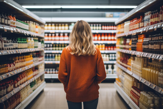 A woman comparing products in a grocery store