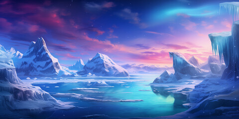 A vast frozen landscape showcasing the beauty of icebergs, polar bears, and the Northern Lights dancing across the sky. 