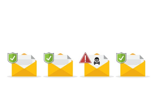 Email / envelope with black document and skull icon. Virus, malware, email fraud, e-mail spam, phishing scam, hacker attack concept. 