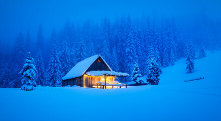 A wintery scene in the heart of the woods with a solitary wooden cottage and snow-draped pine trees...