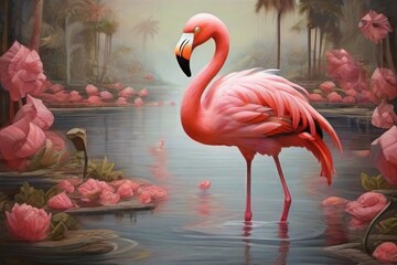 pink flamingos in the water generated by AI tool