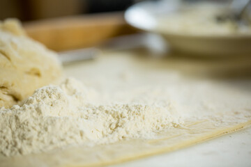 A woman makes dumplings and ravioli from flour and dough with her hands.