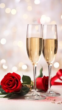 Two glasses of champagne with a red rose on a snowy floor. Bokeh lights in the background.