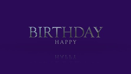 A sleek and modern design featuring reflective floating letters on a dark purple background, spelling out Happy Birthday