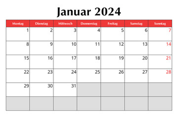 January 2024 GERMAN calendar. Vector editable illustration. Monthly planning for business in Germany