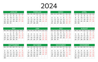 GERMAN 2024 calendar. Printable, editable vector illustration for Germany. 12 months year kalender