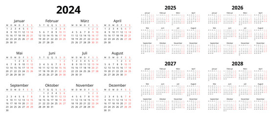 2024, 2025, 2026, 2027, 2028 german calendars. Printable vector illustration set for Germany.