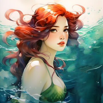 A little mermaid with red hair swims in the sea. Close-up.