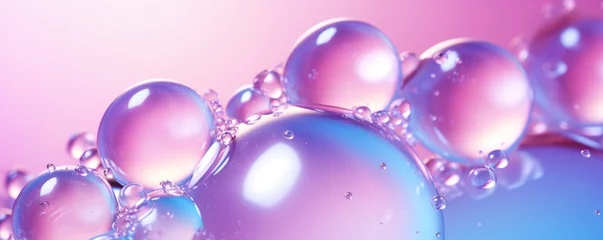 Poster Serum or water drops on purple gradient surface background. Toner or cleanser lotion, hyaluronic serum. Clear liquid skin care cosmetic product texture with bubbles © ratatosk