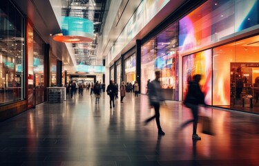 Motion blur effect, busy shopping mall scene, diverse people with colorful shopping bags - obrazy, fototapety, plakaty