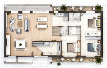 3D Top view landscape design plan with house, a private house with kitchen, bedrooms, living room, dining room, bathroom and furniture. - obrazy, fototapety, plakaty