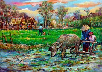 Art painting Oil color plowman rural thailand , Siam Land of Smiles	