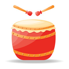 Vector illustration of cute red, gold, Chinese drum with wood for traditional lion dance in China. For Chinese New Year traditions, cartoon percussion instrument with drumsticks isolated.
