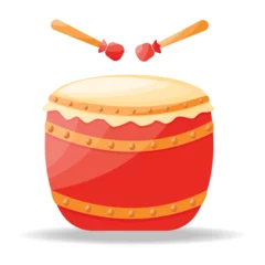 Fotobehang Vector illustration of cute red, gold, Chinese drum with wood for traditional lion dance in China. For Chinese New Year traditions, cartoon percussion instrument with drumsticks isolated. © Mard