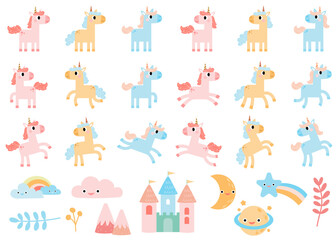 Cute unicorns, Pony or horse with magical, Unicorns illustration with rainbow, stars, hearts, clouds, castle in cartoon style.