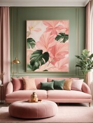 Mockup of a large paintings in framed a light mint green living room interior