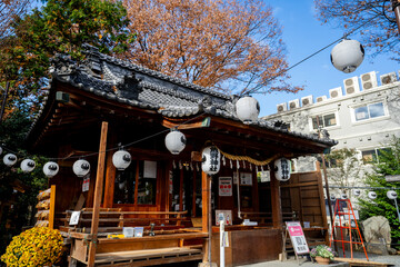 Traditional Japanese temple called "Kumano shrine" in Kawagoe, Japan. Japanese lanterns at a temple in Kawagoe, Japan.