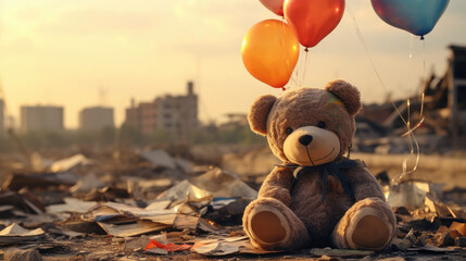 Kids teddy bear toy with balloons over city burned destruction of an aftermath war conflict, earthquake or fire and smoke of world war against children peace innocence concept 