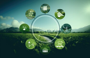 The green globe with circular economy icons, economy for future growth of business and environment sustainable.Net zero and carbon - obrazy, fototapety, plakaty