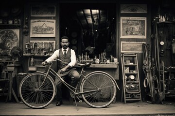 An elegant man seats on an old-fashioned bicycle in front of a rustic shop filled with antiques, a vintage scene - obrazy, fototapety, plakaty
