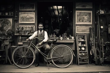 Fototapeten An elegant man seats on an old-fashioned bicycle in front of a rustic shop filled with antiques, a vintage scene © Ari