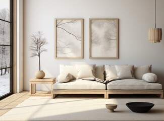 White living room with sofa. Scandinavian interior design.