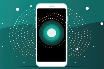 A white smartphone displays a dynamic, circular pattern with gradient hues of green dots radiating outward