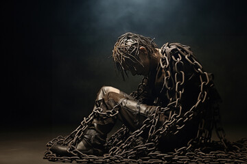 male figure bound by heavy chains, sitting in a crouched position. Entrapment or the weight of psychological burdens. - obrazy, fototapety, plakaty