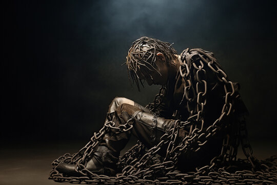 male figure bound by heavy chains, sitting in a crouched position. Entrapment or the weight of psychological burdens.