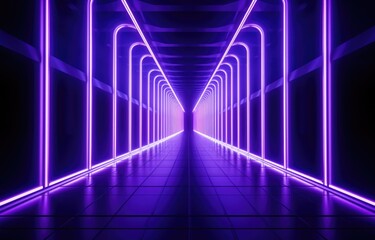 Futuristic neon glowing corridor on a dark abstract background