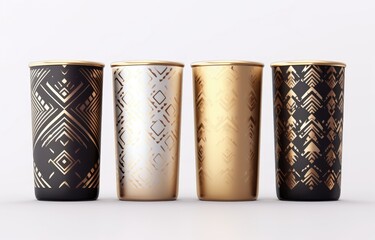 Mock up Realistic Metallic Tumbler Packaging with ethnic pattern on White Background. Food and Drink Concept Product - obrazy, fototapety, plakaty