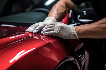 a person wearing gloves touching a red car