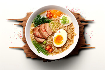 Ramen noodle soup with pork, egg and vegetables on wooden background. Top view - obrazy, fototapety, plakaty