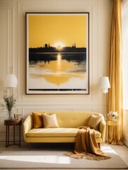 Mockup of a large paintings in framed a light yellow bedroom interior