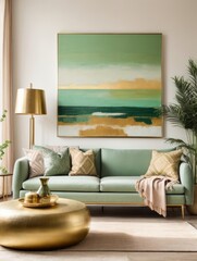 Mockup of a large paintings in a light living room interior