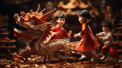16:9 or 9:16 Cute Chinese children are having fun playing with paper dragons on Chinese New...