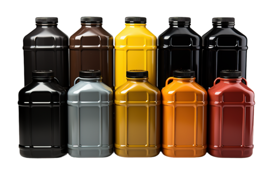 Assorted Plastic Containers for Engine oils isolated on PNG Background. Generative Ai.