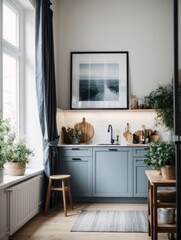 Mockup of a large frame on the blue and dark blue and white wall kitchen room is classic interior