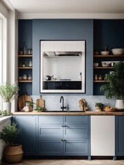 Mockup of a large frame on the blue and dark blue and white wall kitchen room is classic interior