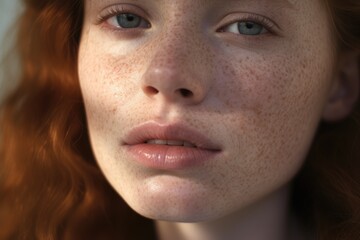 Obraz premium Beautiful green eyed woman with freckles. Sensitive redhead girl model with natural makeup. Healthy natural skin, skin care. Beauty and skincare cosmetics treatment concept